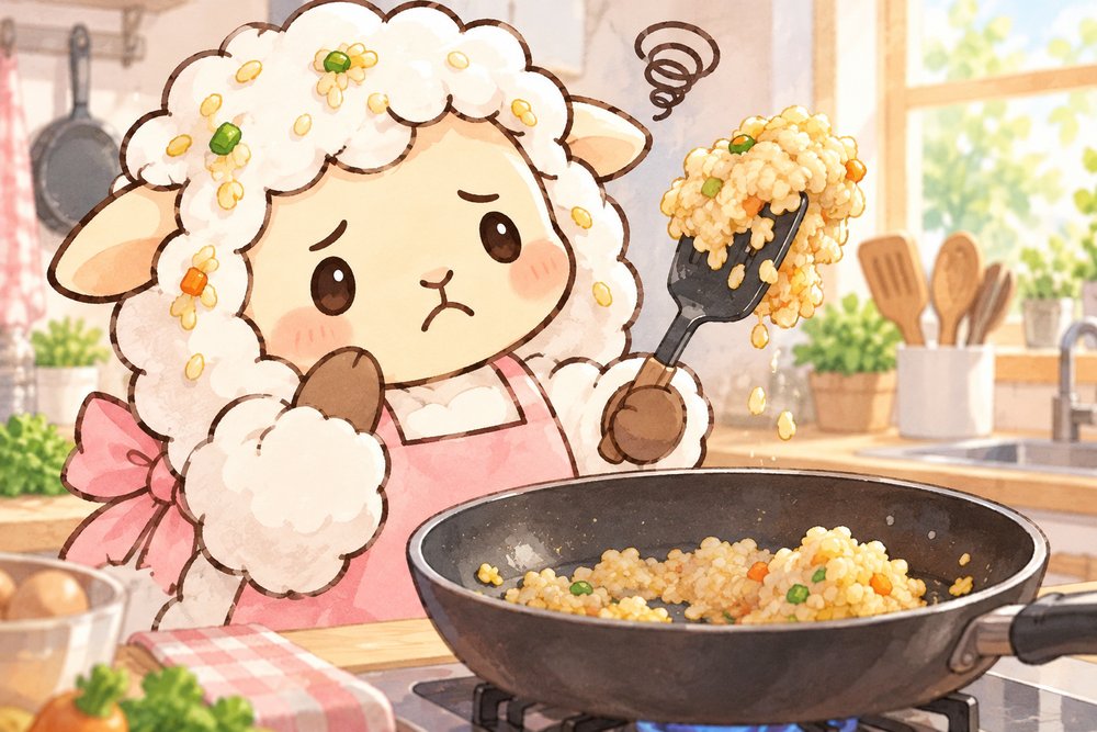 べちゃっとかたまったチャーハンにしょんぼりするヒツジのナビ助