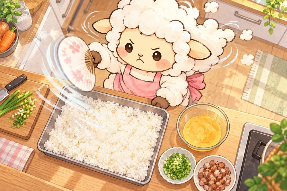 ごはんをうちわで冷ましてチャーハンの下準備をするヒツジのナビ助