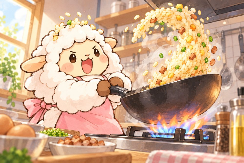 強火で中華鍋をふってごはんをパラパラに舞わせるヒツジのナビ助